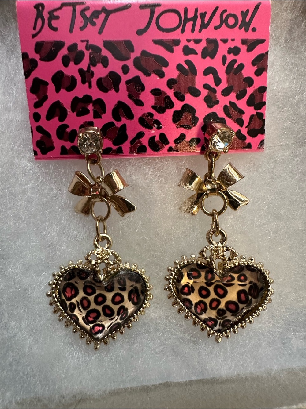 Betsey Johnson Gold Bow Heart Leopard Drop Earrings - Pink/Black/Tan
